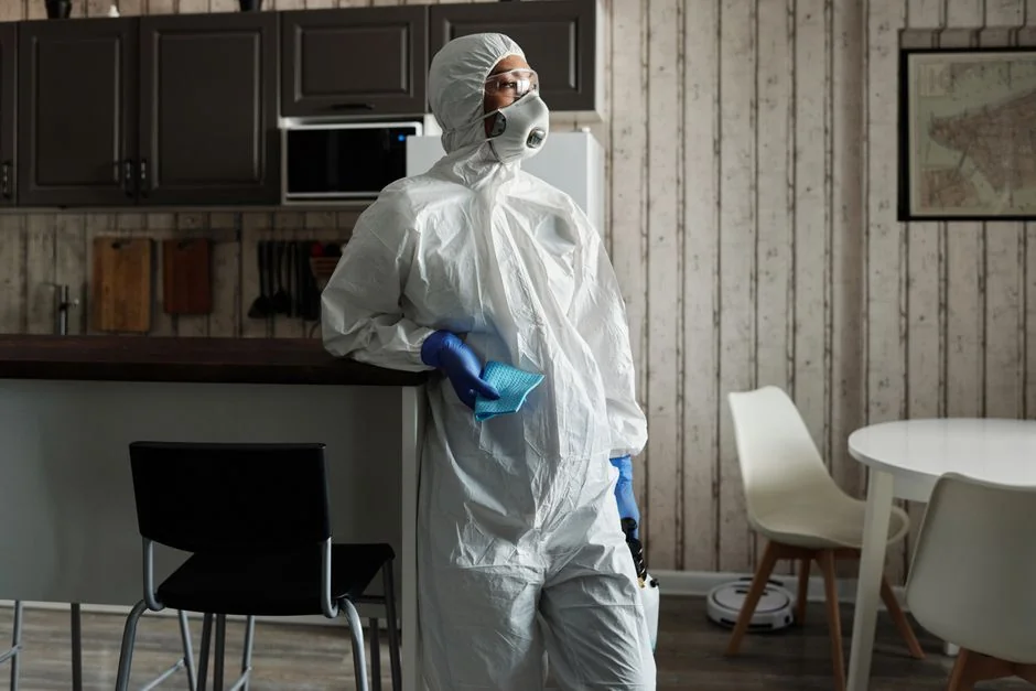 A cleaner in protective coveralls and gloves vacuuming a modern living room.